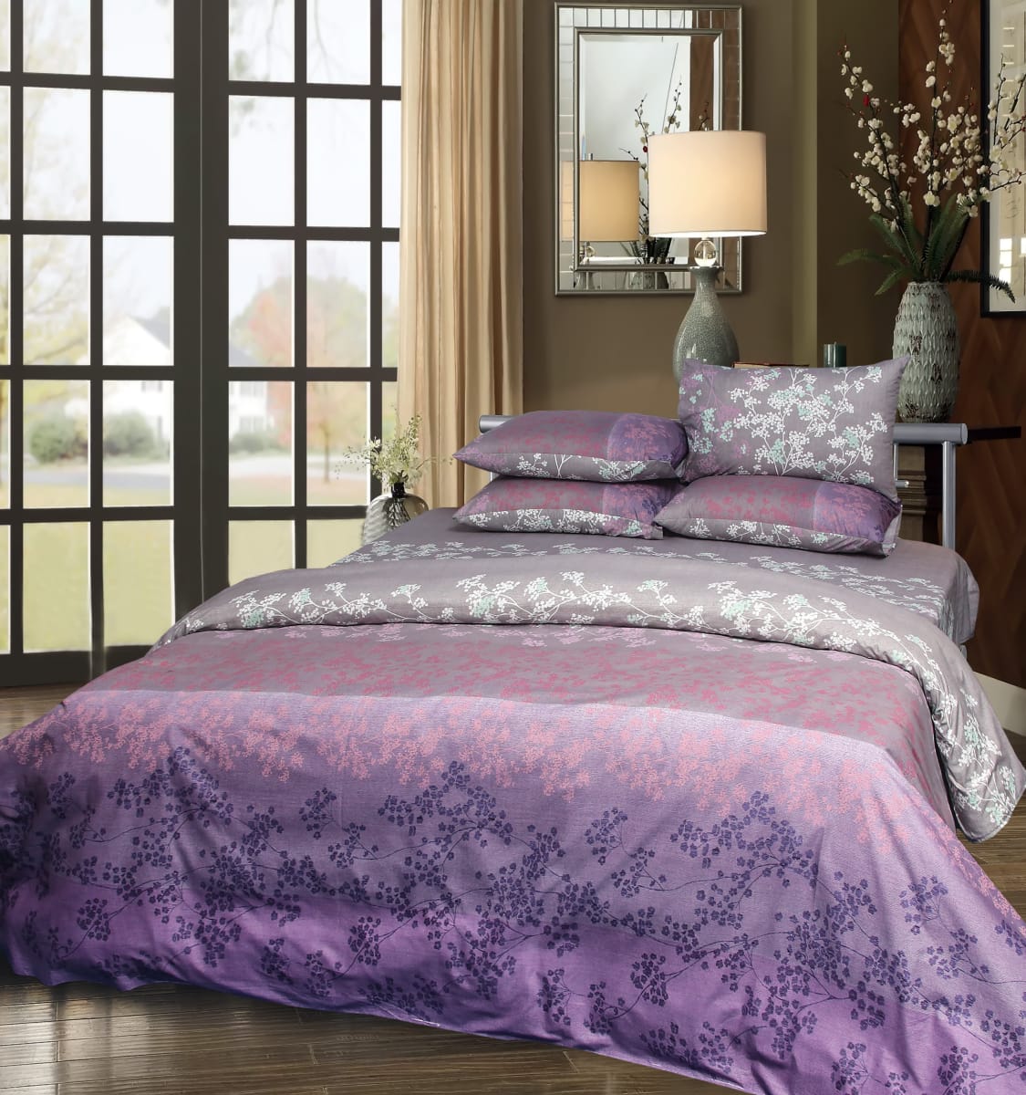 Purple White Bedding With 2 Pillows