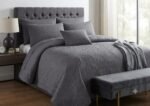 Dark Grey Embossed Quilted Bedspread Set – 3 Pcs
