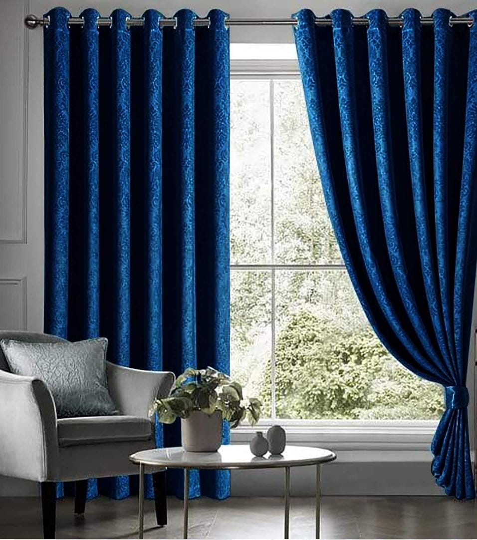 Embossed Blue Velvet Curtains Premium Quality ( Set of 2 Pcs ) 3