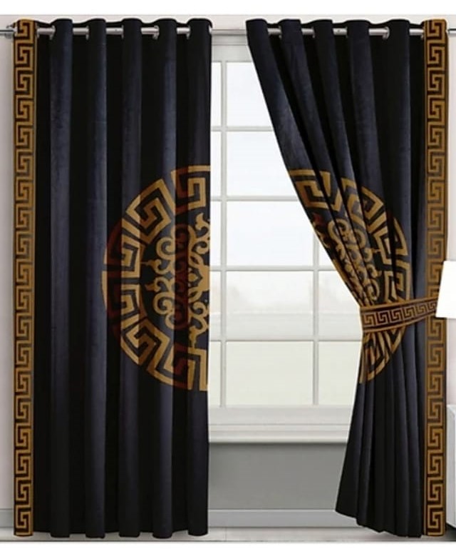 Black Luxury Velvet Monogram Curtains ( Set of 2 Pcs & Belts )