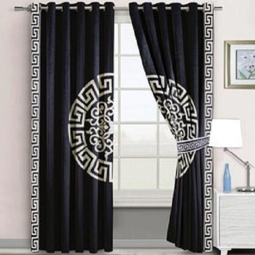 Black Luxury Velvet White Monogram Curtains ( Set of 2 Pcs & Belts )