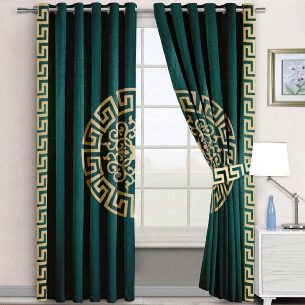 Dark Green Luxury Velvet Monogram Curtains ( Set of 2 Pcs & Belts )