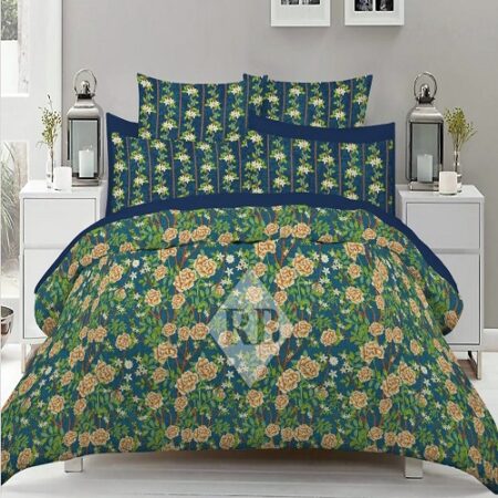 Green Blue Printed Bed Sheet With 2 Pillow Covers