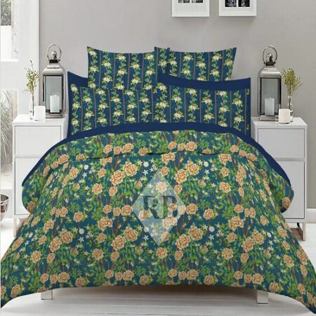 Green Blue Printed Bed Sheet With 2 Pillow Covers