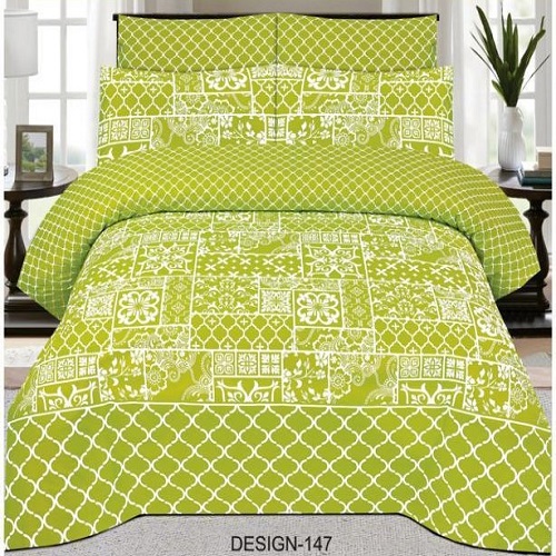 Green White Printed Bed Sheet With 2 Pillow Covers