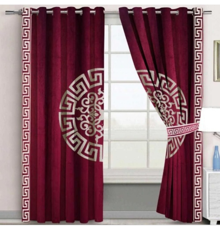 Red Luxury Velvet Monogram Curtains ( Set of 2 Pcs & Belts )