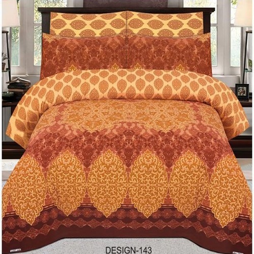 Yellow Brown Printed Bed Sheet With 2 Pillow Covers