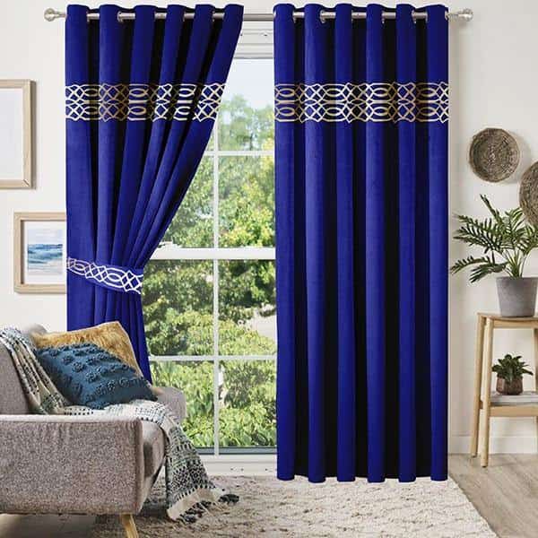 Blue Luxury Border Velvet Curtains ( Set of 2 Pcs & Belts )