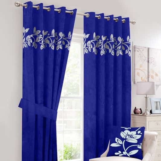 Blue Luxury Leaf Velvet Curtains ( Set of 2 Pcs & Belts )