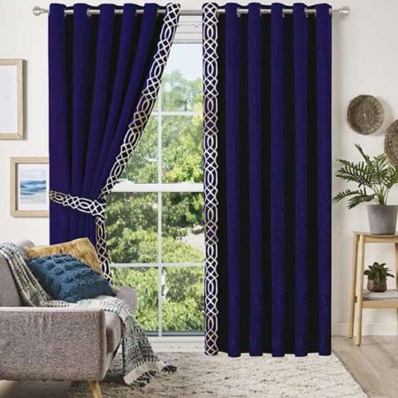 Dark Blue Border Velvet Curtains ( Set of 2 Pcs & Belts )