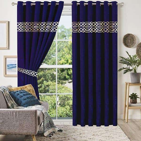 Dark Blue Luxury Border Velvet Curtains ( Set of 2 Pcs & Belts )