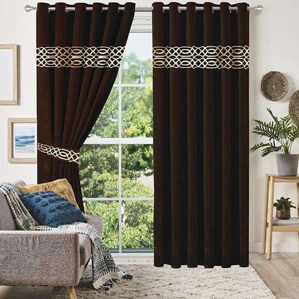 Dark Brown Luxury Border Velvet Curtains ( Set of 2 Pcs & Belts )