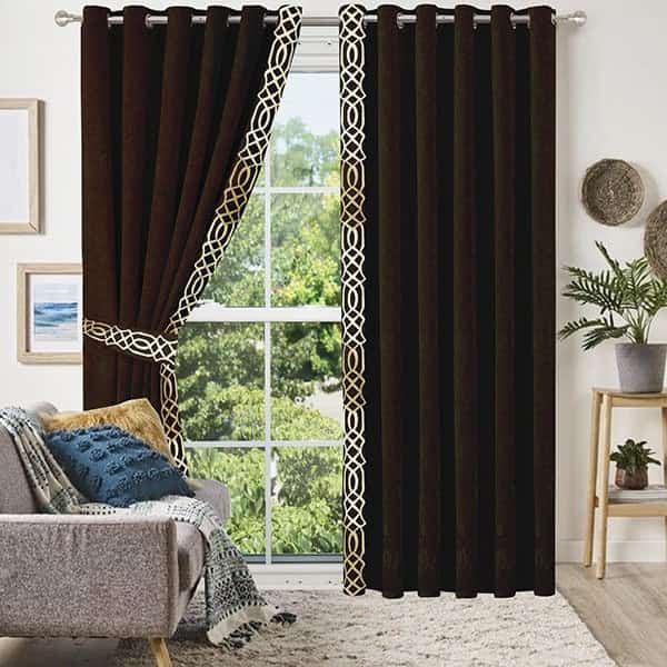 Dark Brown Border Velvet Curtains ( Set of 2 Pcs & Belts )