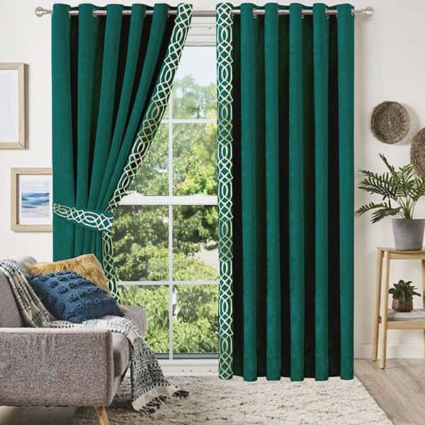 Green Border Velvet Curtains ( Set of 2 Pcs & Belts )