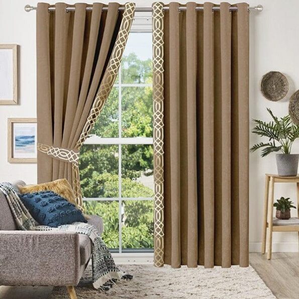 Light Brown Border Velvet Curtains ( Set of 2 Pcs & Belts )