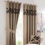 Light Brown Luxury Leaf Velvet Curtains ( Set of 2 Pcs & Belts )