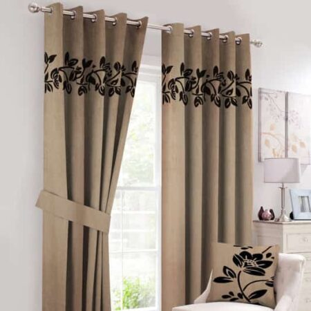 Light Brown Luxury Leaf Velvet Curtains ( Set of 2 Pcs & Belts )