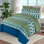 Blue Green Printed Bed Sheet With 2 Pillow Covers