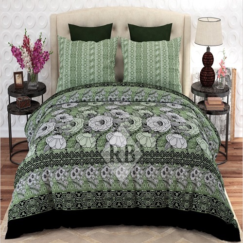 Dark Green White Printed Bedding With 2 Pillow Cover