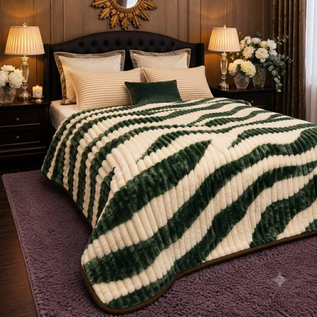 Luxury Zebra Plush Comforter – Green & Cream Double Bed Luxury Zebra Plush Comforter – Green & Cream Double Bed