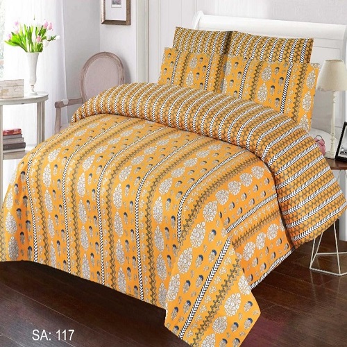 Yellow White Lining Printed Sheet With 2 Pillow Covers