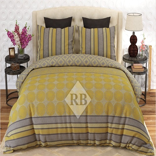 Yellow Grey Printed Bed Sheet With 2 Pillow Covers