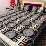 Black White Golden Printed Bed Sheet With 2 Pillow Covers – 3 PCS