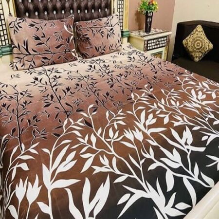 Brown Black White Leaf Printed Bedding With 2 Pillow Covers – 3 PCS