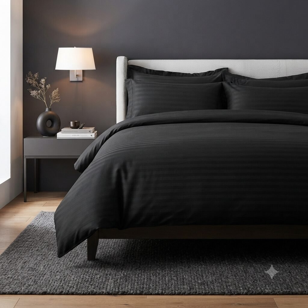 Plain Black Stripe Bed Sheet With 2 Pillow Covers Plain Black Stripe Bed Sheet With 2 Pillow Covers