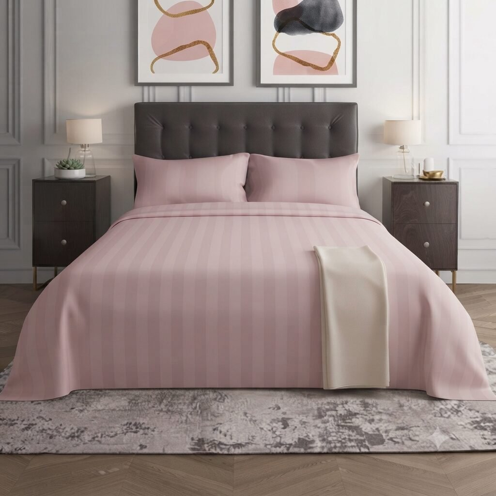 Plain Light Pink Stripe Bed Sheet With 2 Pillow Covers Plain Light Pink Stripe Bed Sheet With 2 Pillow Covers