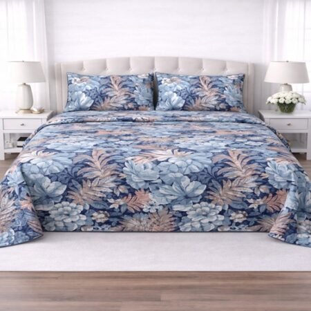 Grey Black Leaf Printed Bed Sheet With 2 Pillow Covers – 3 PCS