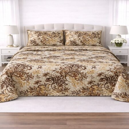 Lining Brown Mustard Printed Bed Sheet With 2 Pillow Covers – 3 PCS