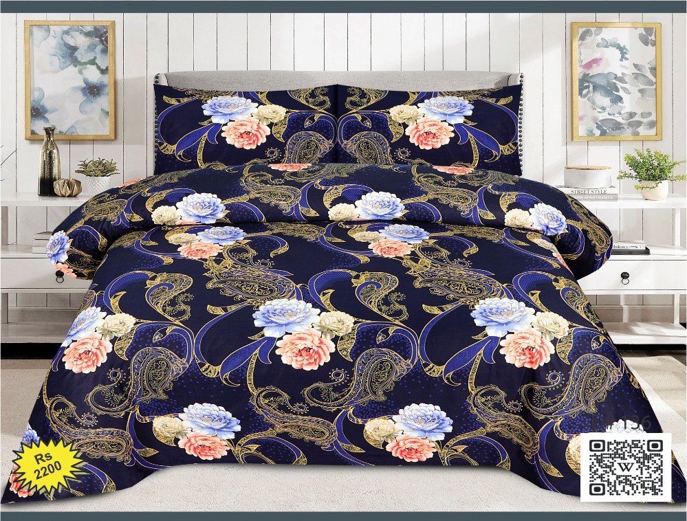 3 PCS Jeans Bed Sheet – Blusih Flowers Self Printed