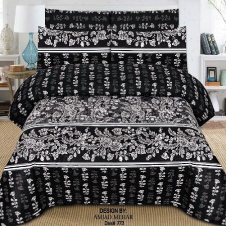 Black White Lining Printed Sheet With 2 Pillow Covers