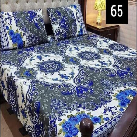 Blue Grey White Printed Sheet With 2 Pillow Covers – 3 PCS