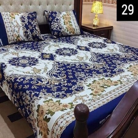 Blue White Brown Printed Sheet With 2 Pillow Covers – 3 PCS