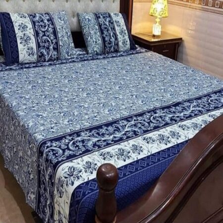 Blue White Printed Bed Sheet With 2 Pillow Covers – 3 PCS