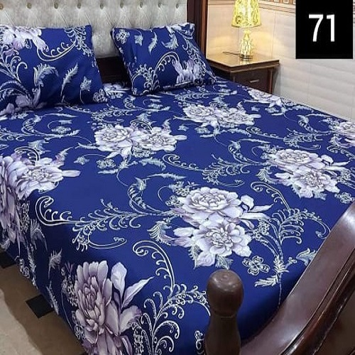 Dark Blue White Flowers Printed Sheet With 2 Pillow Covers 3 PCS with