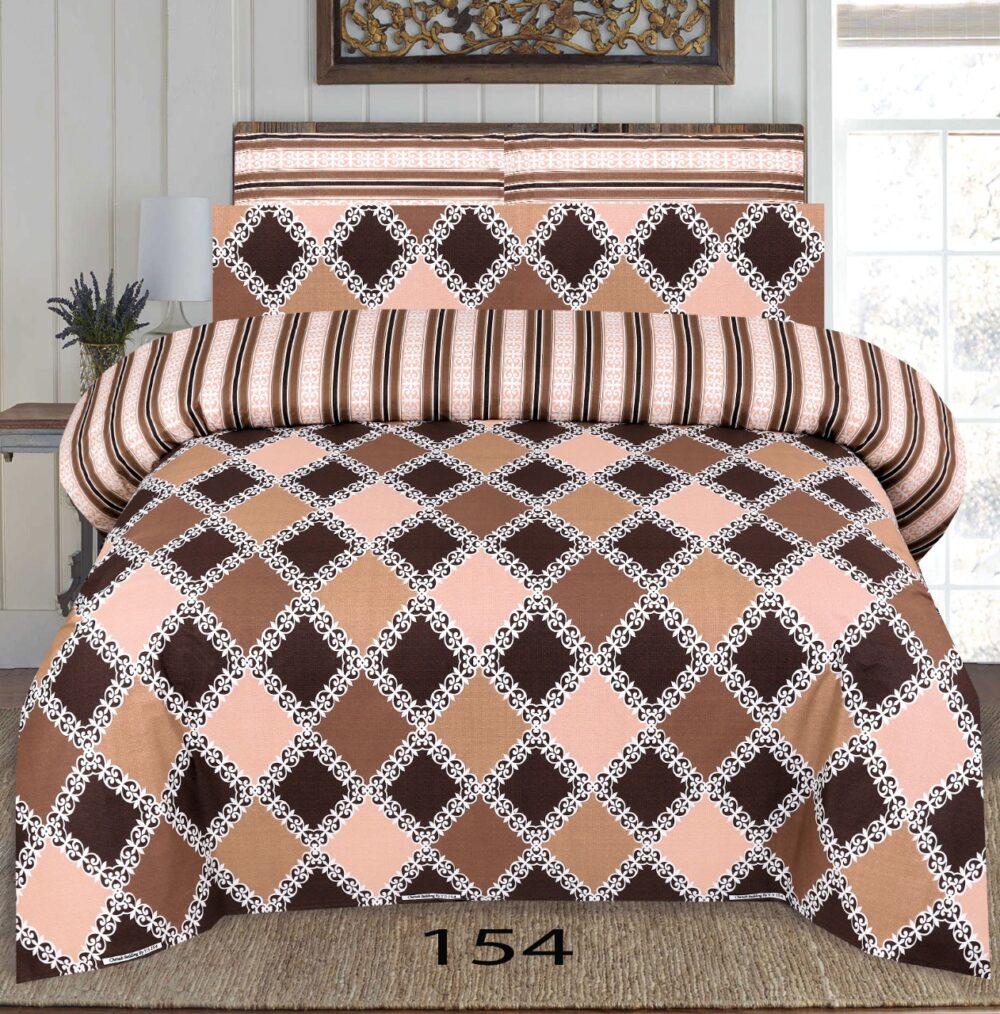 Dark Light Brown Box Printed Bed Sheet With 2 Pillow Covers