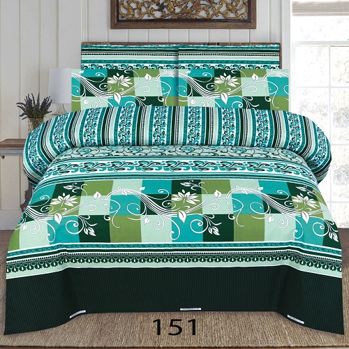 Green Ferozy Box Printed Bed Sheet With 2 Pillow Covers