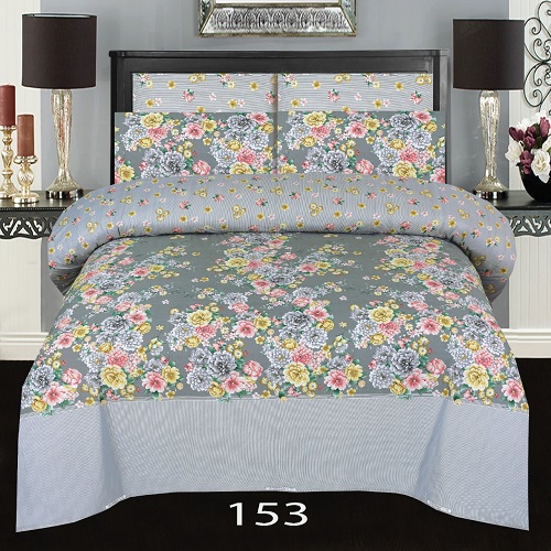 Grey Border Flowers Printed Bed Sheet With 2 Pillow Covers