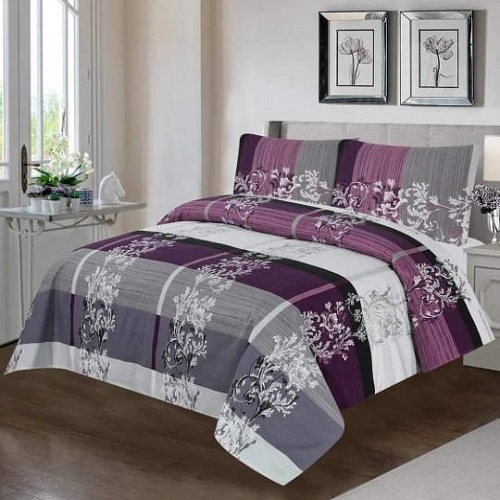 Purple Grey White Printed Sheet With 2 Pillow Covers – 3 PCS