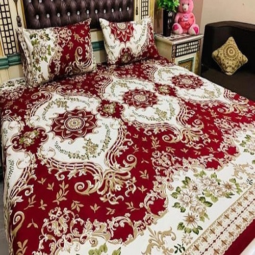 Red Crystal Printed Sheet With 2 Pillow Covers – 3 PCS