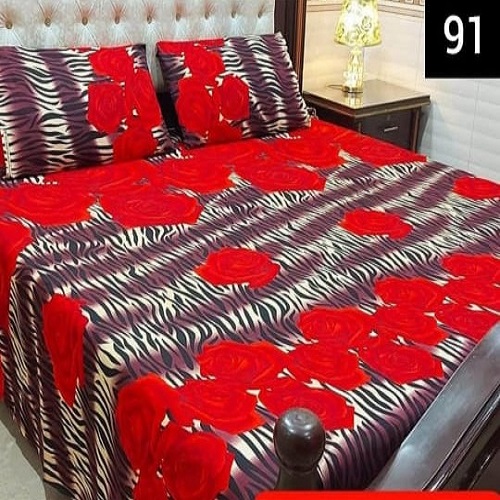 Tiger Design Red Flowers Printed Sheet With 2 Pillow Covers – 3 PCS