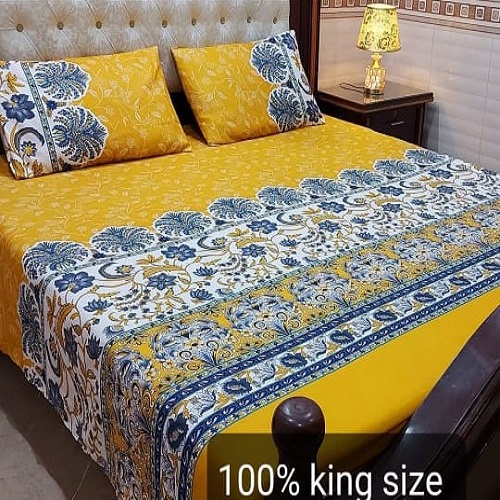 Yellow Blue White Printed Sheet With 2 Pillow Covers – 3 PCS