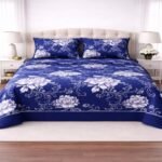 Dark Blue White Flowers Printed Sheet With 2 Pillow Covers – 3 PCS