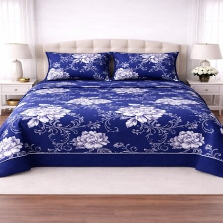 Dark Blue White Flowers Printed Sheet With 2 Pillow Covers – 3 PCS