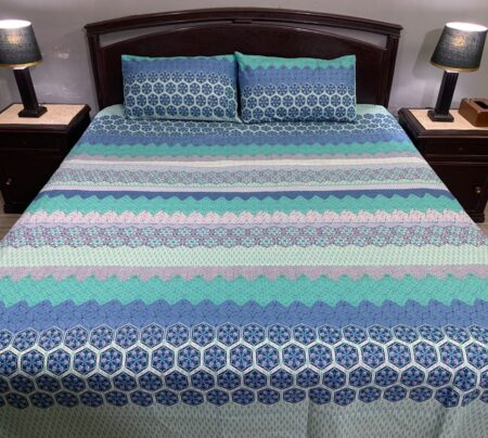 3 PCS Jeans Bed Sheet - Blue Green Printed