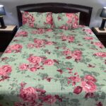 3 PCS Jeans Bed Sheet Grey Leaf Red Flowers Printed