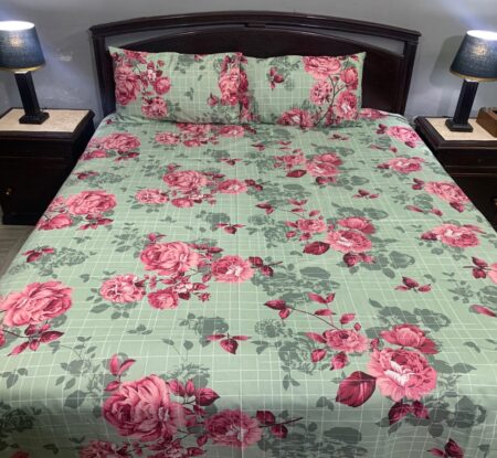 3 PCS Jeans Bed Sheet Grey Leaf Red Flowers Printed